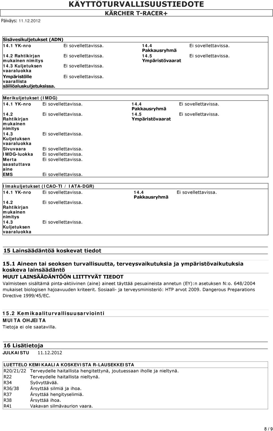 5 Ympäristövaarat Ilmakuljetukset (ICAO-TI / IATA-DGR) 14.1 YK-nro 14.4 Pakkausryhmä 14.2 Rahtikirjan mukainen nimitys 14.3 Kuljetuksen vaaraluokka 15 Lainsäädäntöä koskevat tiedot 15.