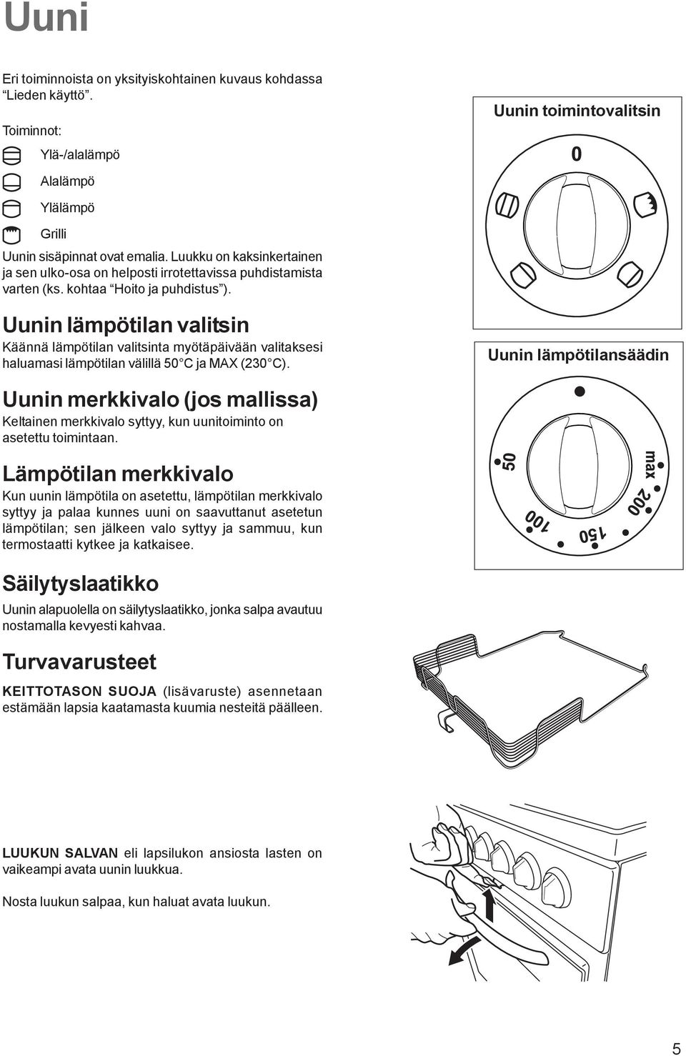 Uunin lämpötilan valitsin Käännä lämpötilan valitsinta myötäpäivään valitaksesi haluamasi lämpötilan välillä 50 C ja MAX (230 C).