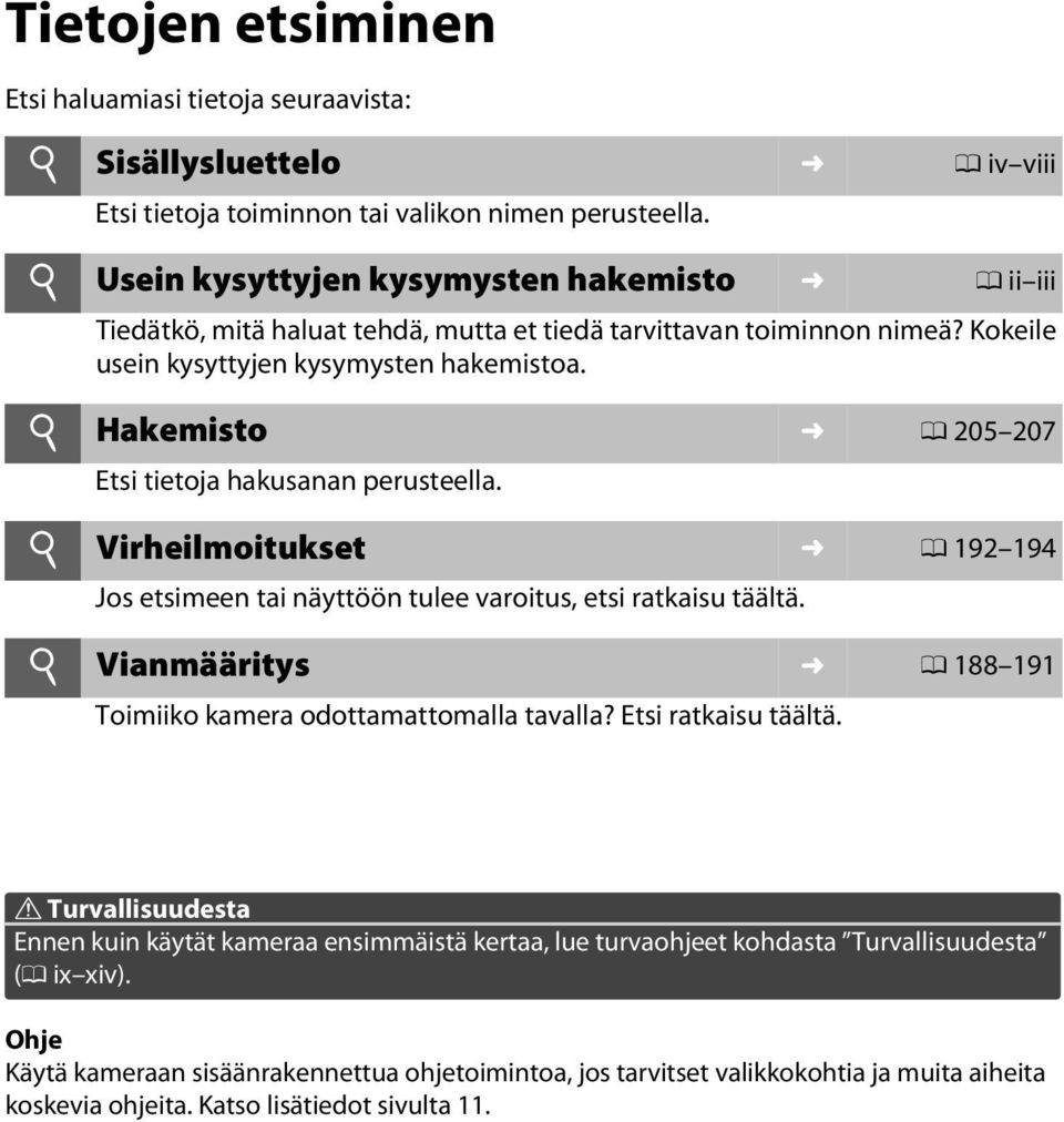 i Hakemisto 0 205 207 Etsi tietoja hakusanan perusteella. i Virheilmoitukset 0 192 194 Jos etsimeen tai näyttöön tulee varoitus, etsi ratkaisu täältä.