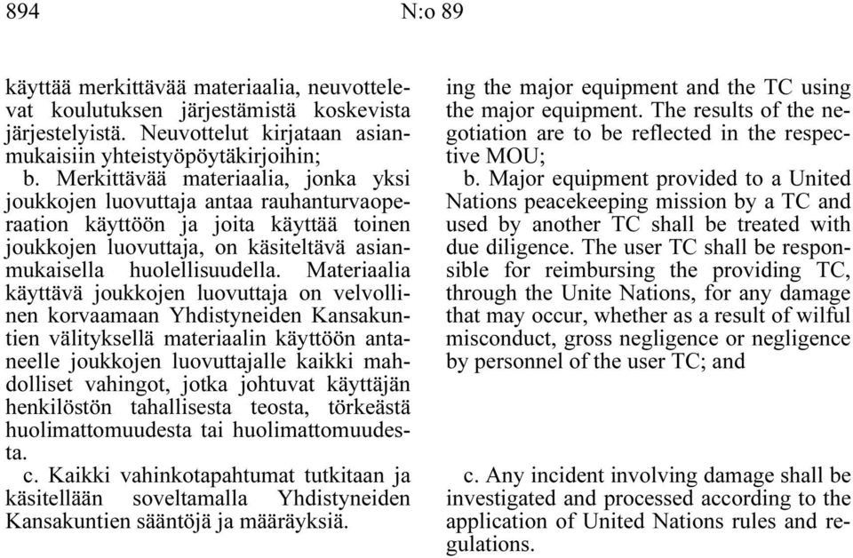 Materiaalia käyttävä joukkojen luovuttaja on velvollinen korvaamaan Yhdistyneiden Kansakuntien välityksellä materiaalin käyttöön antaneelle joukkojen luovuttajalle kaikki mahdolliset vahingot, jotka