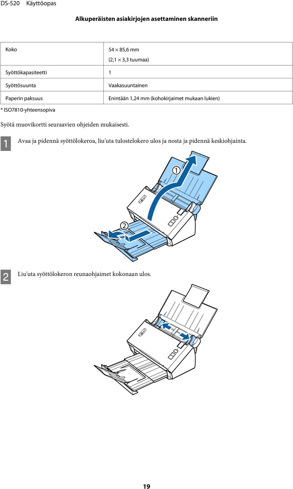 ISO7810-yhteensopiva Syötä muovikortti seuraavien ohjeiden mukaisesti.