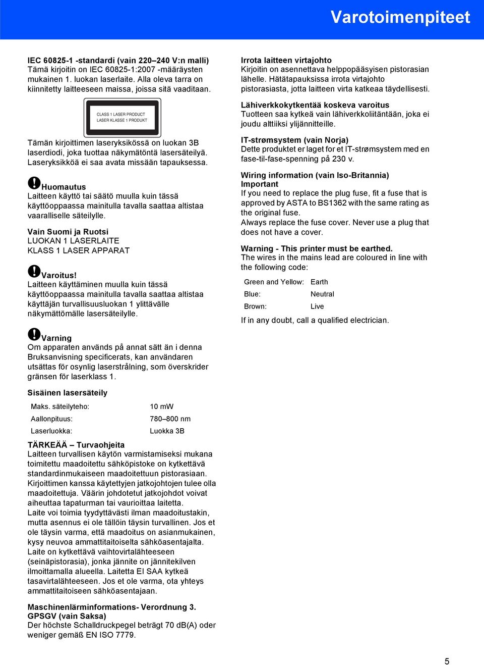 CLASS LASER PRODUCT LASER KLASSE PRODUKT Tämän kirjoittimen laseryksikössä on luokan 3B laserdiodi, joka tuottaa näkymätöntä lasersäteilyä. Laseryksikköä ei saa avata missään tapauksessa.