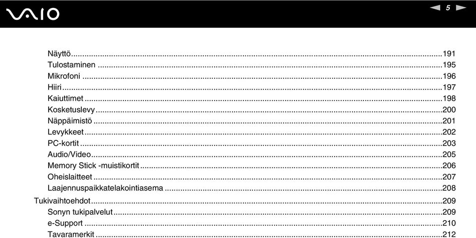 ..205 Memory Stick -muistikortit...206 Oheislaitteet.