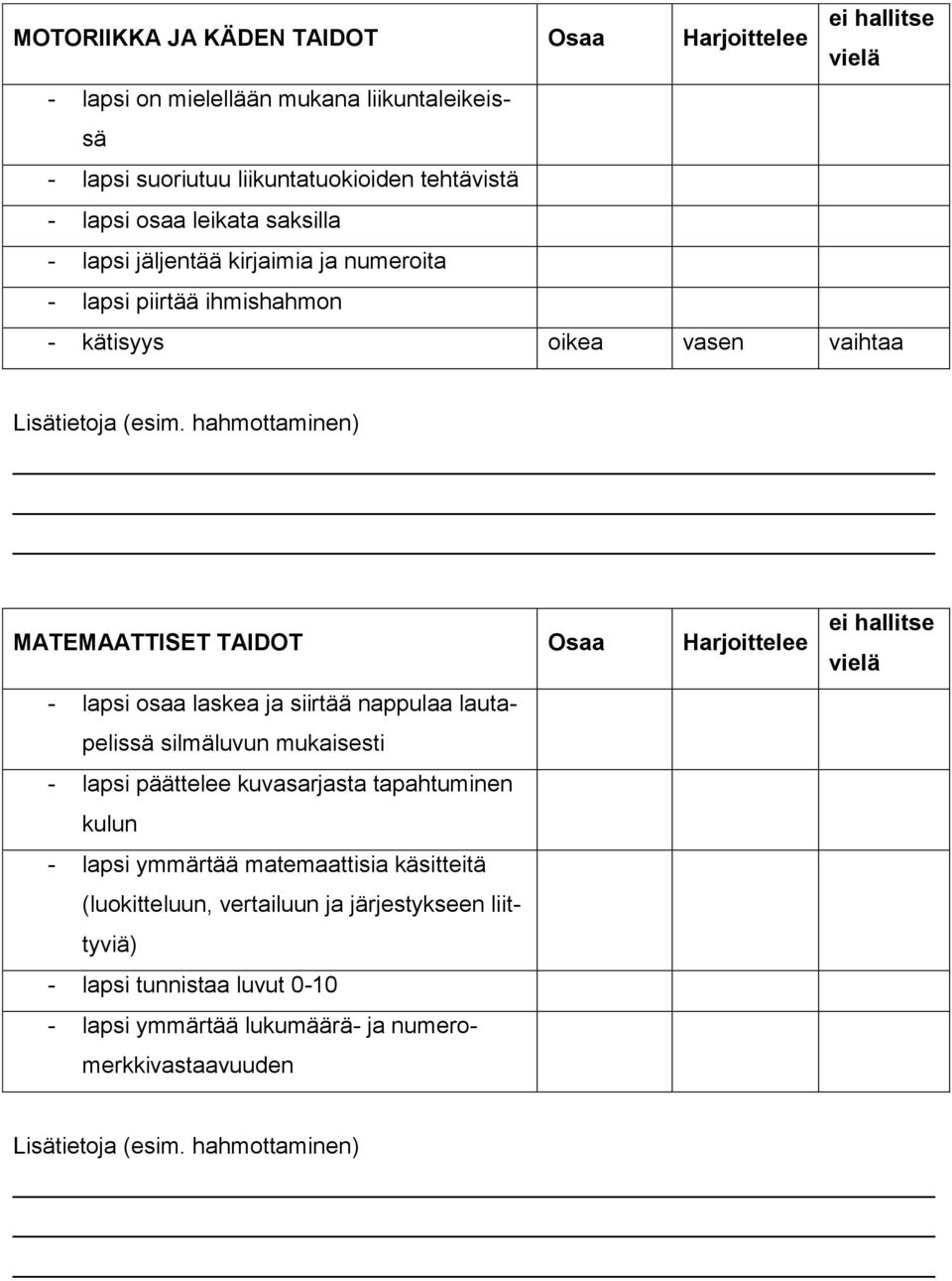 hahmottaminen) MATEMAATTISET TAIDOT Osaa Harjoittelee - lapsi osaa laskea ja siirtää nappulaa lautapelissä silmäluvun mukaisesti - lapsi päättelee kuvasarjasta tapahtuminen kulun