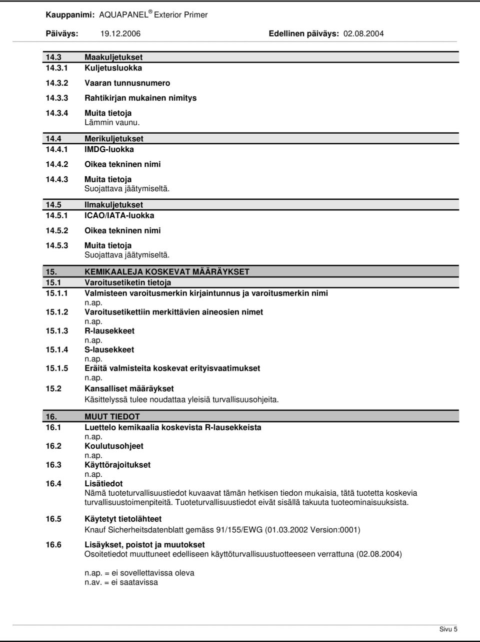 1 Varoitusetiketin tietoja 15.1.1 Valmisteen varoitusmerkin kirjaintunnus ja varoitusmerkin nimi 15.1.2 Varoitusetikettiin merkittävien aineosien nimet 15.1.3 Rlausekkeet 15.1.4 Slausekkeet 15.1.5 Eräitä valmisteita koskevat erityisvaatimukset 15.