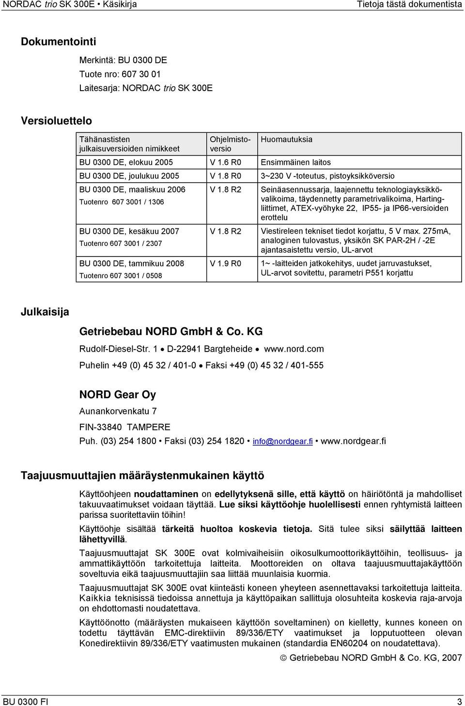 8 R0 3~230 V -toteutus, pistoyksikköversio BU 0300 DE, maaliskuu 2006 Tuotenro 607 3001 / 1306 BU 0300 DE, kesäkuu 2007 Tuotenro 607 3001 / 2307 BU 0300 DE, tammikuu 2008 Tuotenro 607 3001 / 0508 V 1.