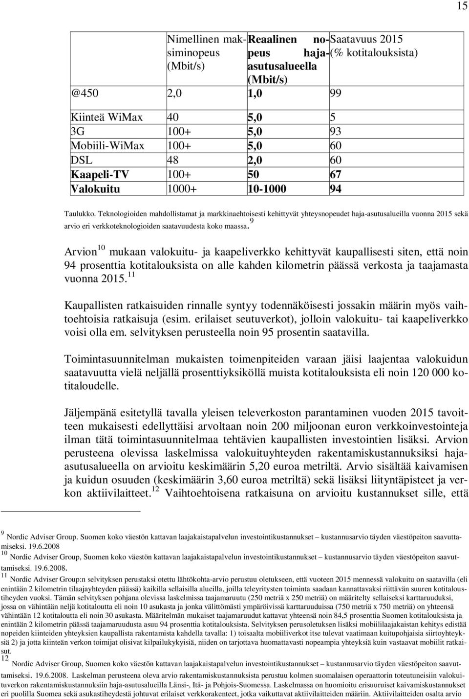 Teknologioiden mahdollistamat ja markkinaehtoisesti kehittyvät yhteysnopeudet haja-asutusalueilla vuonna 2015 sekä arvio eri verkkoteknologioiden saatavuudesta koko maassa.