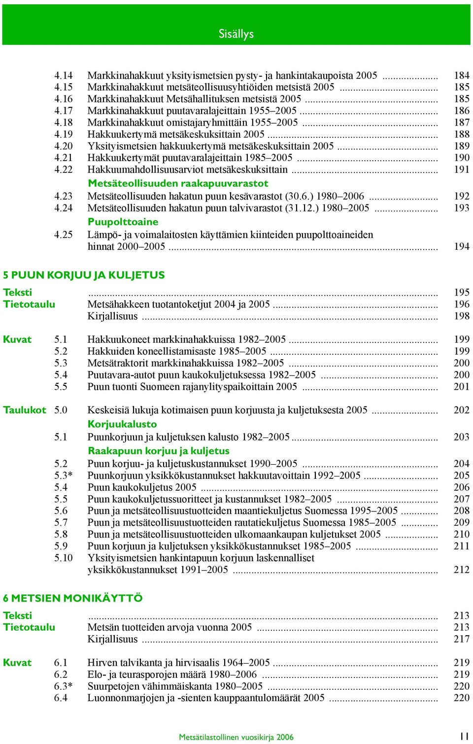 19 Hakkuukertymä metsäkeskuksittain 2005... 188 4.20 Yksityismetsien hakkuukertymä metsäkeskuksittain 2005... 189 4.21 Hakkuukertymät puutavaralajeittain 1985 2005... 190 4.