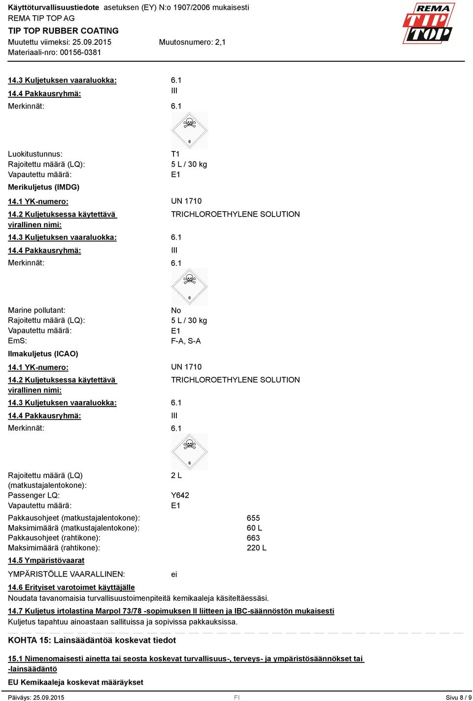 4 Pakkausryhmä: Merkinnät: TRICHLOROETHYLENE SOLUTION III Marine pollutant: Rajoitettu määrä (LQ): Vapautettu määrä: EmS: Ilmakuljetus (ICAO) No 5 L / 30 kg E1 F-A, S-A 14.1 YK-numero: UN 1710 14.