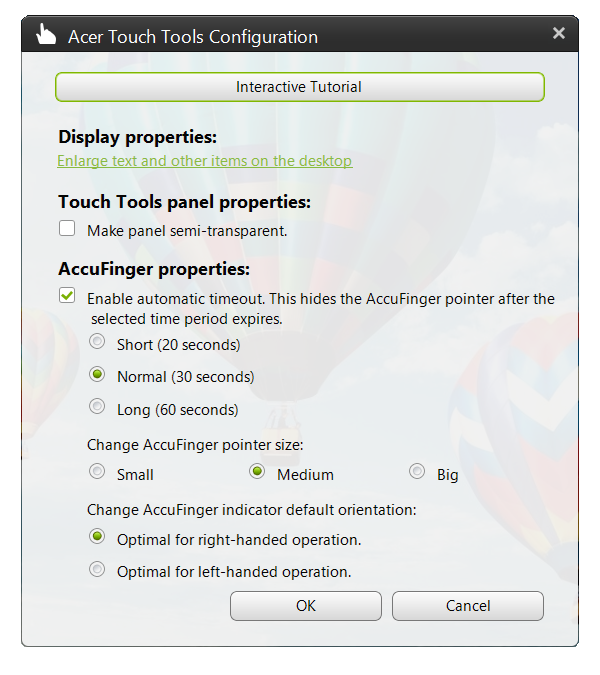 Acer-kosketustyökalut - 49 Settings (Asetukset) Voit säätää asetuksia, kuten AccuFingerin osoittimen kokoa ja näyttöaikaa