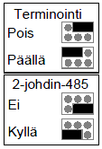 RS-485 Käytettäessä RS-485-väylää tulee jumpperi J11 asettaa kuten kuvassa alla. Käyttöjännite 8..30 VDC tuodaan vastaanottimelle joko 1.