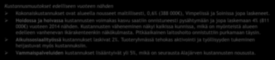 YHTEENVETO KESKEISISTÄ HAVAINNOISTA Kustannukset suhteessa väestön sairastavuuteen ja ikärakenteeseen Alueen ikärakenne on keskimääräistä vanhusvoittoisempi.