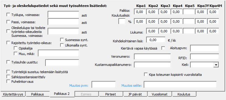 Palkkaus 2 Palkkaus 2 välilehti on tehty lähinnä asiakaskohtaista tarvetta varten ja kiinteistöpalvelualan työehtosopimuksen asetuksille.