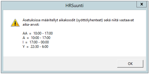 Vuorolistan hyväksymät koodit Vuorolistalle voidaan vuorojen alkamis- ja päättymisaikojen lisäksi syöttää koodeilla muuta tietoa.