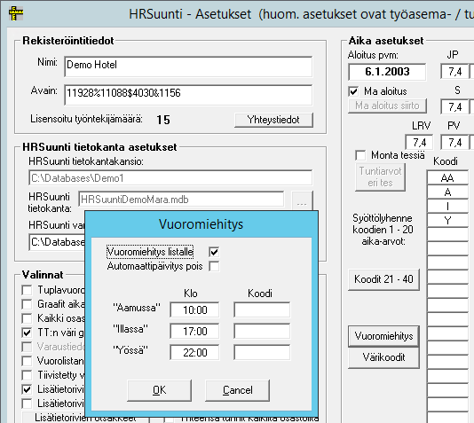 Sama raportti myös Kaavio muodossa (valinta Raportit > Aamussa-Illassa-Yössä): Tarvittavat asetukset Aamussa illassa yössä raportti laskee määrät asetukset ikkunassa määriteltyjen aika-arvojen