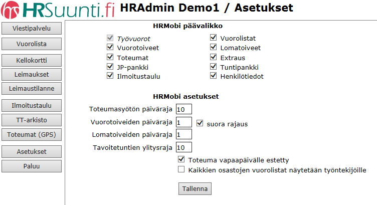 HRMobi ja HRAdmin HRMobi - työntekijäliittymä Tiesithän, että HRSuunti Net ohjelmistooon on hankittavissa HRMobi -työntekijäliittymä älypuhelimiin, tabletteihin ja selaimiin.