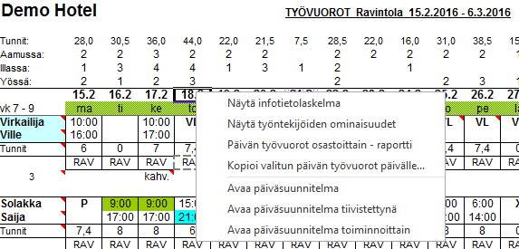 Näytä Infotietolaskelma näyttää päivän info riville merkityt koodit kootusti. Infotietolaskelmaa käytetään esim. hiihtokeskuksissa, joissa voidaan tarkistaa hissikohtainen miehitystilanne.