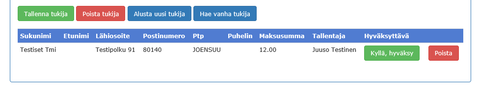 21 tukijan tiedot painamalla Tallenna tukija -nappia. Jos tukijan tiedoissa on puutteita, tulee tukijan tietojen yläpuolelle teksti, joissa kerrotaan näistä.