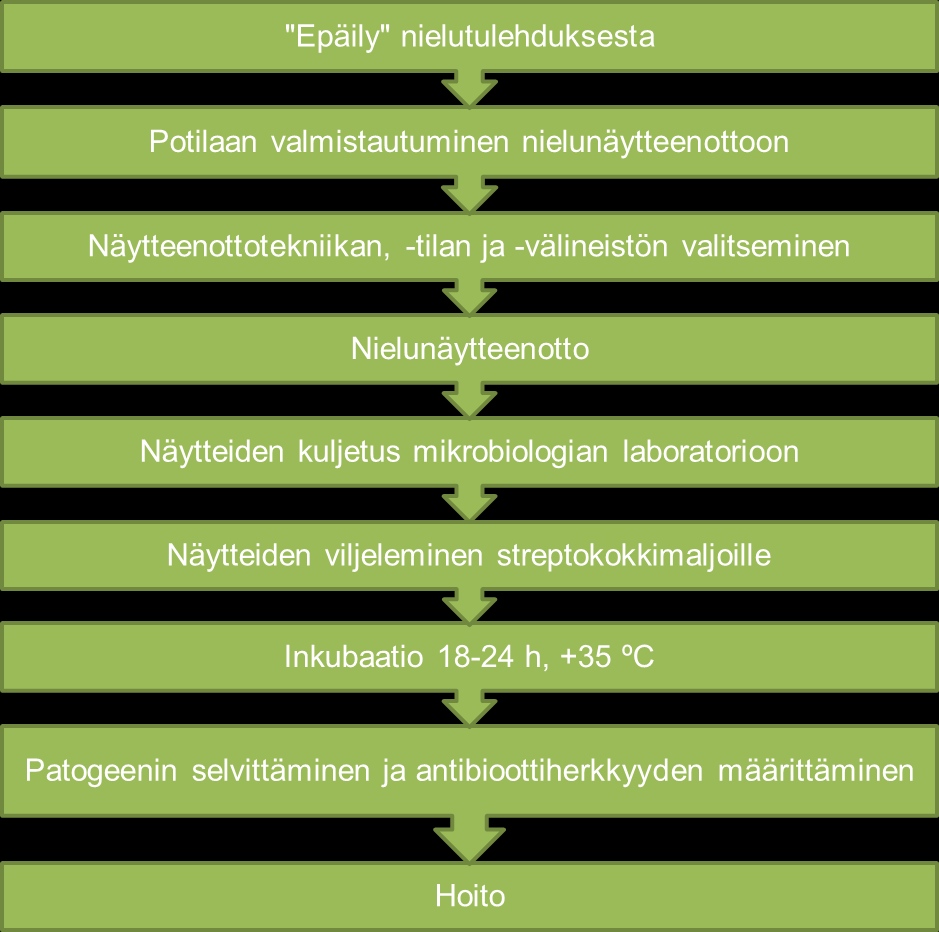 9 Kuvio 1. Kaavio nielutulehduksen diagnosoinnin etenemisestä. Virusten aiheuttamat nielutulehdukset ovat yleensä melko lieviä, joten ne hoidetaan käsikauppalääkkeillä.