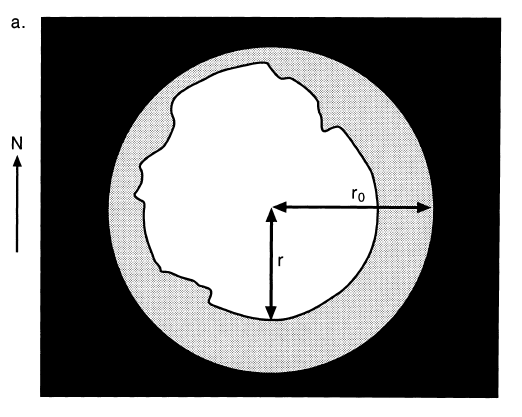 Kuva 2.3. Taivaan näkyvyyssäteen määrittäminen kuvasta. r on näkyvyyssäde ja r 0 on kuvan säde. N osoittaa pohjoisen suunnan. (Chapman ym., 2001b). Bogren ym.