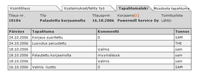 Tilauksen tapahtumat Tapahtumaloki-välilehden alta löytyy lista, jossa on huoltotilauksen kaikki tapahtumat.