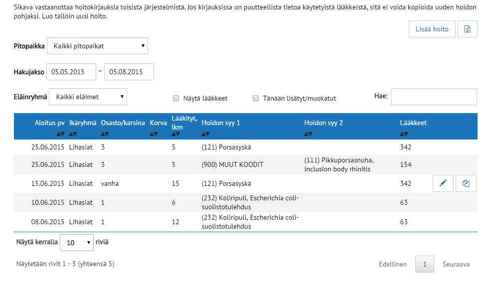 Silmän kuvasta pääset tarkastelemaan tietoja (tässä siis erityistilannetietoja) ja + merkistä lisäämään tietoja (tässä salmonellatutkimustuloksia).