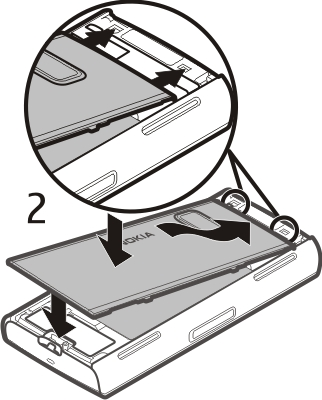 14 Käytön aloitus Akun asettaminen paikalleen 1 Aseta akku paikalleen. 2 Aseta kuori paikalleen kohdistamalla ensin ylemmät lukituskielekkeet niille kuuluviin paikkoihin.