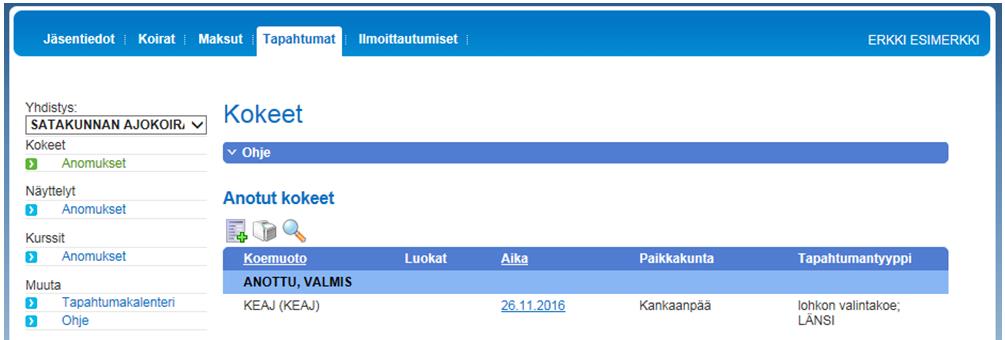 17.8.2016 3(16) Oikeus kokeiden sähköiseen anomiseen Näet Omakoiran Tapahtumat välilehden mikäli sinulle on annettu oikeus yhdistyksen tietojen tai tapahtumien ylläpitämiseen.