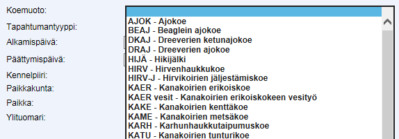 17.8.2016 6(16) Koemuodon ja tapahtuman tyypin valinta Koemuotovalinnan perusteella tulevat näytölle luokat sekä tyypit. Ne perustuvat Suomen Kennelliiton ohjaustietoihin.