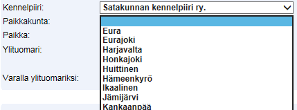 17.8.2016 8(16) Paikkakunta ja paikka Valitse paikkakunta kennelpiirin perusteella määräytyvästä paikkakuntaluettelosta.