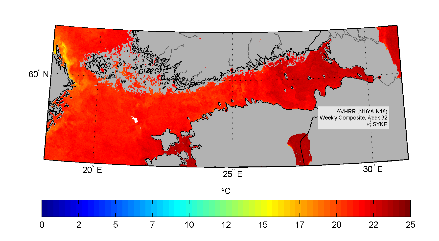 Kuva 23. Hellejakson aikana pintaveden lämpötila oli yli 2 astetta koko Suomenlahdella. Esimerkkinä koostekuva pintaveden lämpötilasta elokuun alussa viikolla 32. Kuva 24.