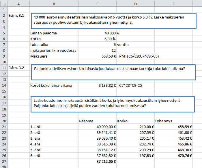 Esim. 3.3 60 000 euro laia maksuaika o 8 vuotta, korko 6,8 % ja maksuerät maksetaa eljäesvuosittai.