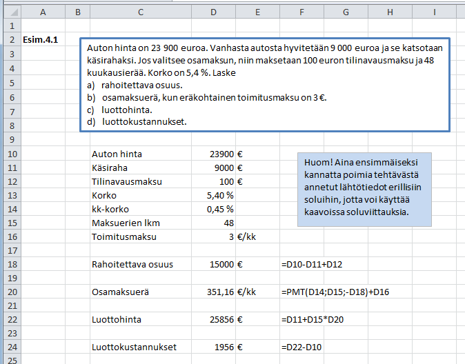 4 OSAMAKSUKAUPPA JA LEASINGRAHOITUS Esim. 4.1 Auto hita o 23 900 euroa. Vahasta autosta hyvitetää 9 000 euroa ja se katsotaa käsirahaksi.