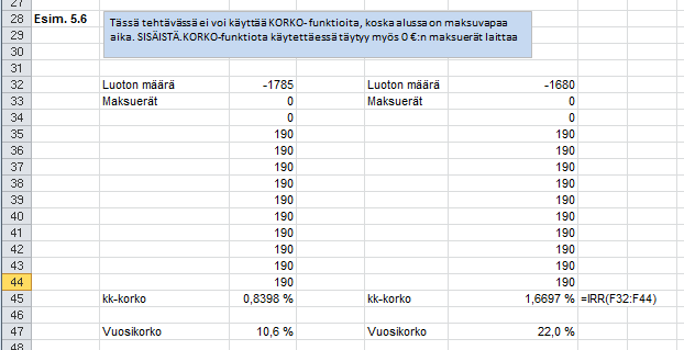 Esim.5.6 Esimerkissä 4.2 tuottee hita oli 2 100. Se voi ostaa osamaksulla 315 euro käsirahalla ka 10 kuukausierällä a 190 site, että esimmäie erä maksettii kolme kuukaude kuluttua kaupasta.