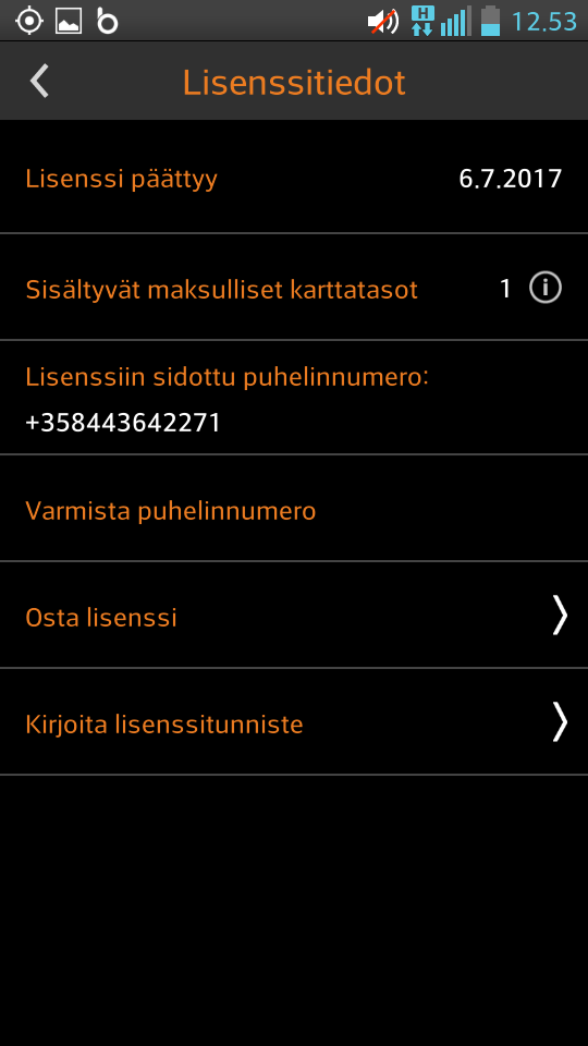 Lisenssitiedot Lisenssitiedot Lisenssi-näytöllä voit varmistaa puhelinnumeron, ellei sitä ole varmistettu aiemmin. Jos puhelinnumero on varmistettu aiemmin, niin se näytetään tällä sivulla.
