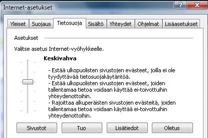 Tarvittaessa evästeiden salliminen Luettelon käyttö vaatii, että evästeet on sallittu ainakin tasolla Keskivahva.