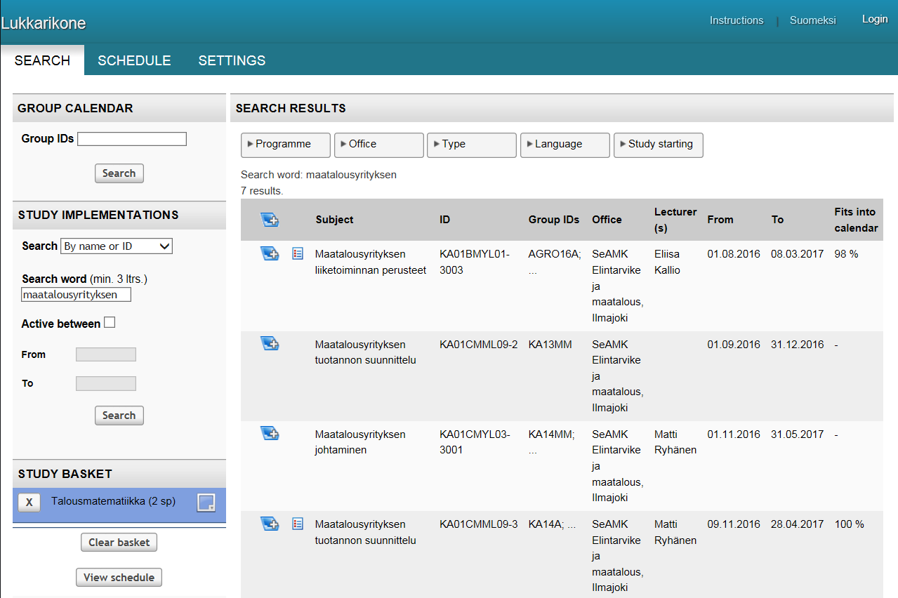 Lukkarikone 1 SeAMK publishes students schedules using Lukkarikone at the address https://lukkarikone.seamk.fi.