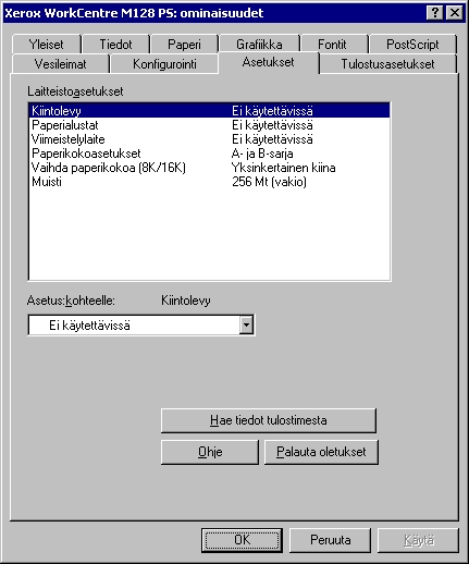 2 Käyttö Windows 95/98/Me -ympäristössä Asetukset-välilehti Tässä kuvataan Asetukset-välilehden asetukset. Valitse kohde ja muuta valitse sitten sen asetus luettelon alla olevasta valikosta.