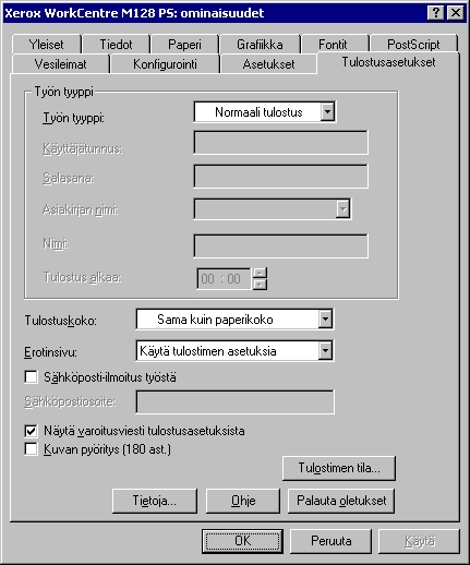 2 Käyttö Windows 95/98/Me -ympäristössä Tulostusasetukset-välilehti Tässä kuvataan Tulostusasetukset-välilehden asetukset. Työn tyyppi HUOM.