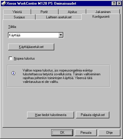 3 Käyttö Windows NT 4.0 -ympäristössä Asetukset Muisti - Tulostimen muistin määrä. Kiintolevy - Määrittää, onko (valinnainen) kiintolevy asennettu. Jos on, valitse [Käytettävissä].