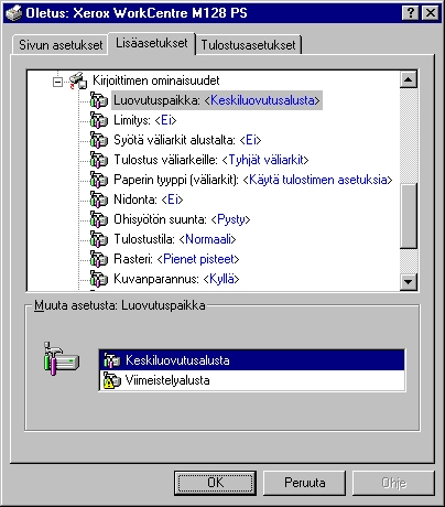 3 Käyttö Windows NT 4.0 -ympäristössä Lisäasetukset-välilehti Tässä kuvataan Lisäasetukset-välilehden Kirjoittimen ominaisuuksien asetukset.