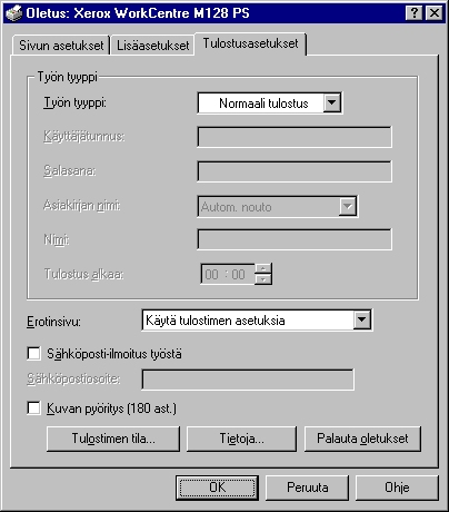 3 Käyttö Windows NT 4.0 -ympäristössä Korvaava alusta - Määrittää, mitä tehdään, kun koneessa ei ole valitun kokoista paperia. Käytä tulostimen asetuksia - Käytetään tulostimen asetuksia.