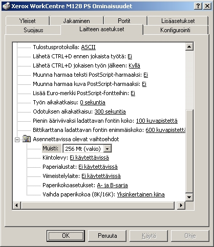 4 Käyttö Windows 2000/Windows XP/Windows Server 2003 -ympäristössä Laitteen asetukset -välilehti Tässä kuvataan Asennettavissa olevia vaihtoehtoja Laitteen asetukset -välilehdellä.