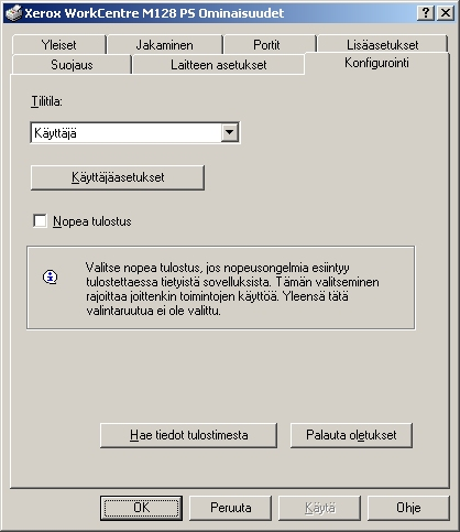 4 Käyttö Windows 2000/Windows XP/Windows Server 2003 -ympäristössä Konfigurointi-välilehti Tässä kuvataan Konfigurointi-välilehden asetukset. HUOM.