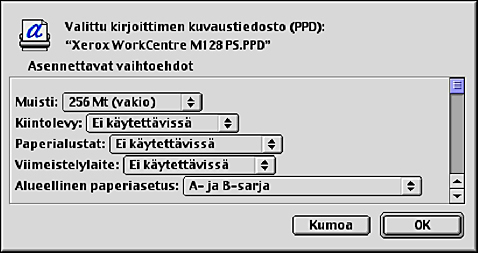 5 Käyttö Macintosh-tietokoneilla Näytölle tulee kirjoittimen kuvaustiedoston (PPD) valintataulu. 2. Osoita [Lisäasetukset]-painiketta.