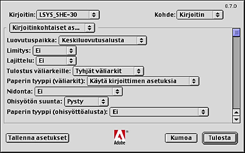 5 Käyttö Macintosh-tietokoneilla Kirjoitinajurin asetukset Tässä kuvataan kirjoitinajurin asetuksiin käytettävät kirjoitinkohtaiset asetukset. 1. Valitse Tiedosto-valikosta [Tulosta].