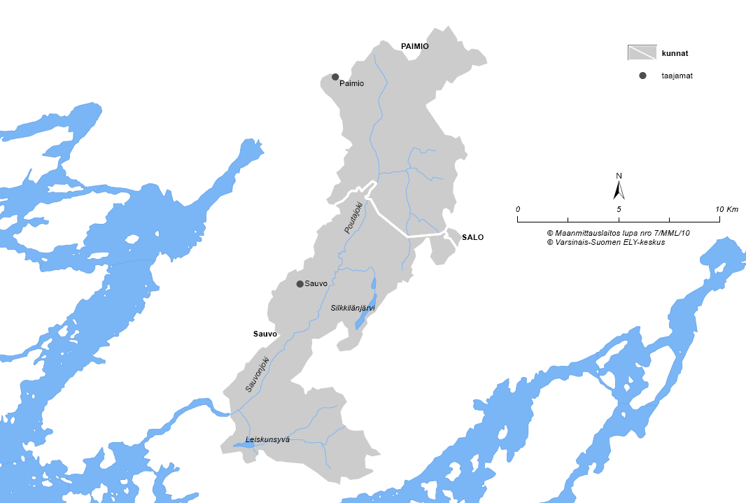 18 Kuva 5. Sauvonjoen valuma-alue, alueen kunnat ja merkittävimmät taajamat. Valuma-alueella ei ole VHS Natura 2000 -alueita.