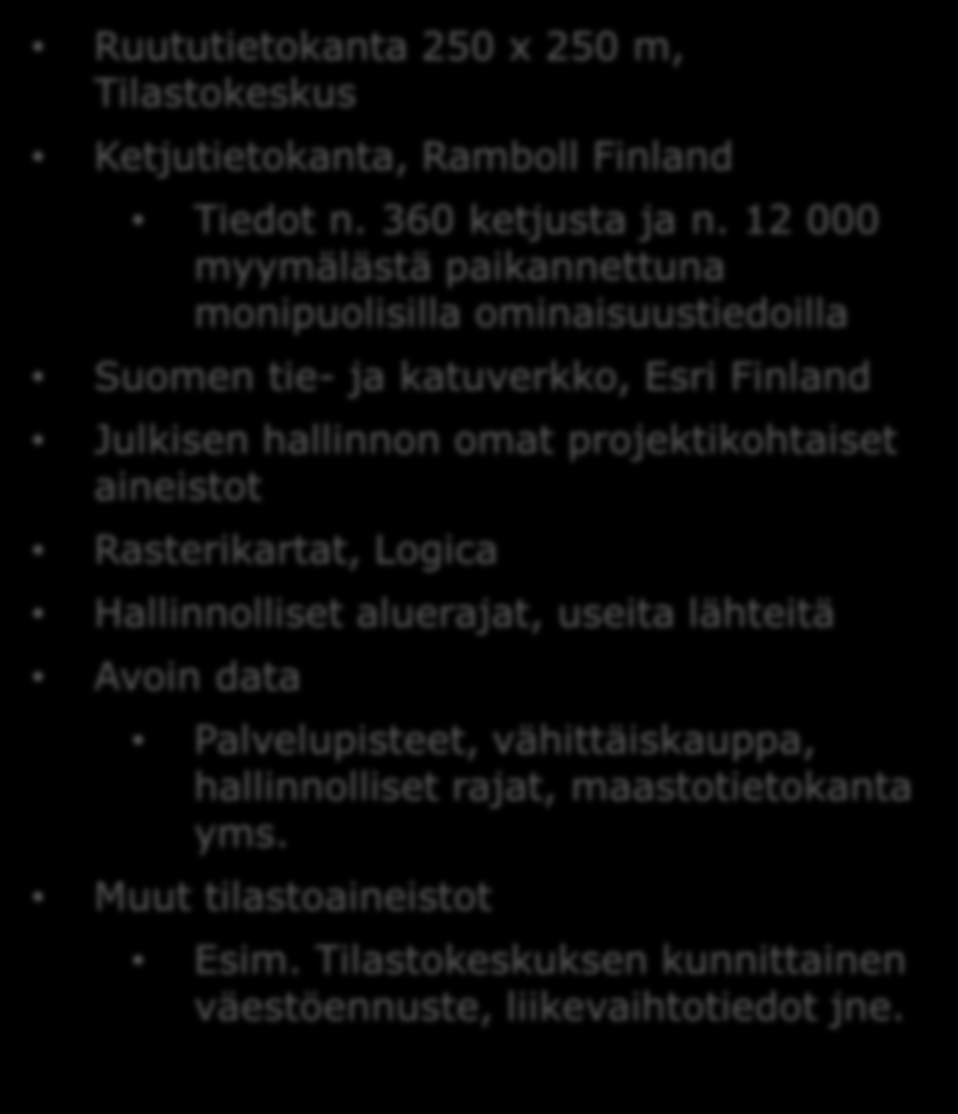 projektikohtaiset aineistot Rasterikartat, Logica Hallinnolliset aluerajat, useita lähteitä Avoin data Palvelupisteet,