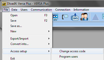 SATEL VERSA Plus 19 Kuva 4. Esiin tuleva valikko, kun painiketta on painettu 3.1.2 DloadX-ohjelman pääsykoodin vaihtaminen 1. Napsauta Tiedosto Pääsyn asetukset Vaihda pääsykoodi (kuva 5).