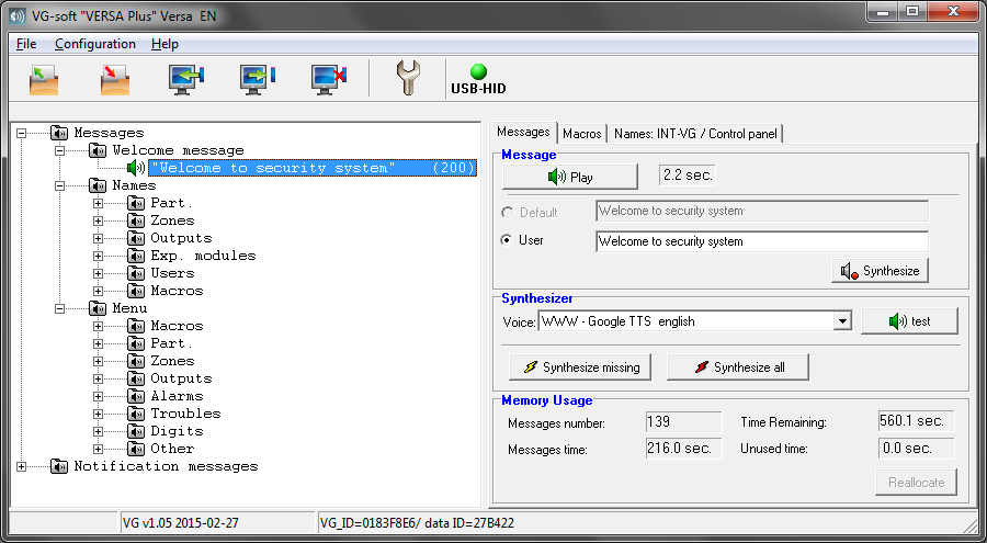 92 VERSA Plus SATEL 15.1 VG-Soft-ohjelman kuvaus Kuva 29. VG-SOFT-ohjelmaikkuna 15.1.1 Painikkeet Napsautus avaa äänimoduulin tietotiedoston. Napsautus tallentaa äänimoduulin tietotiedoston.